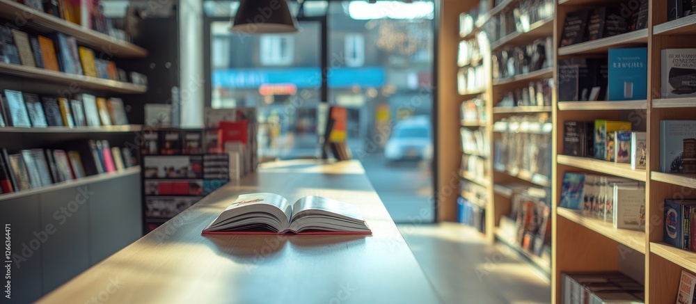 Poster open book on a table in a bookstore, sunlight streaming in through the window.