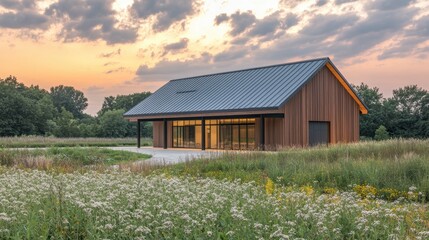 Obraz premium Modern wooden building with metal roof at sunset. Ideal for showcasing sustainable architecture, nature preservation, or tranquil settings.
