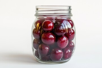Glass jar filled with fresh, ripe cherries against a white background.