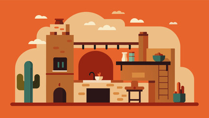This adobe house is equipped with a modern kitchen making it possible to indulge in delicious meals while maximizing your productivity during your workation.. Vector illustration