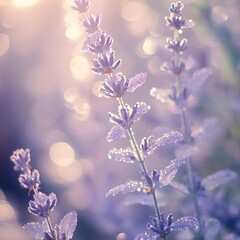 Dew-kissed lavender flowers bathed in soft sunlight.