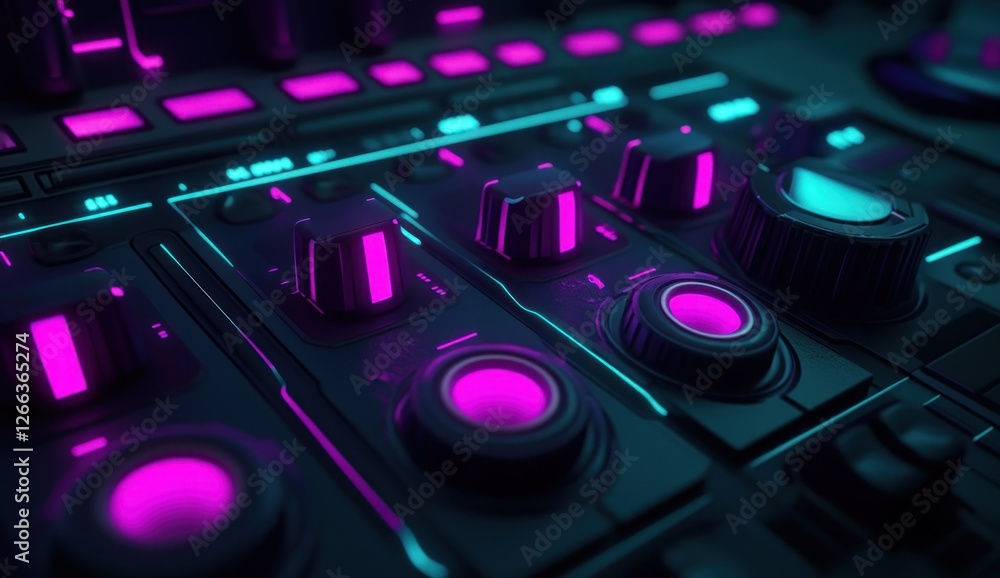 Poster close-up of a futuristic control panel with glowing pink and teal buttons and knobs.