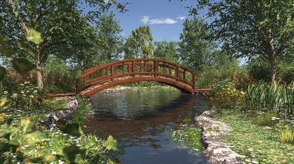 Fototapeta premium Wooden Bridge Over Pond in Sunny Garden