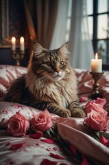 A serene cat resting on a bed adorned with roses and a candle, creating a cozy atmosphere.