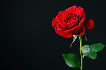 Fototapeta premium stunning red rose stands elegantly against black background, showcasing its vibrant petals and lush green leaves, evoking feelings of love and beauty
