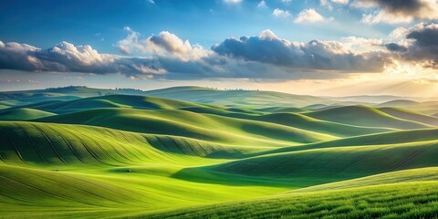 Obraz premium Serene Rolling Hills at Sunrise, a Breathtaking Vista of Lush Green Fields Under a Dramatic Sky