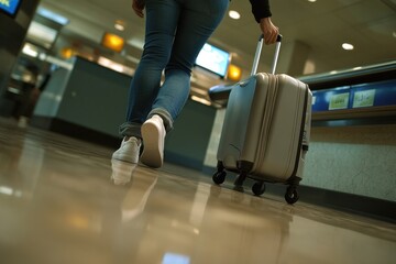 Fototapeta premium Woman walking in airport terminal pulling suitcase.