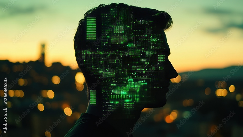 Poster silhouette of a man with a circuit board overlay, representing artificial intelligence or technology