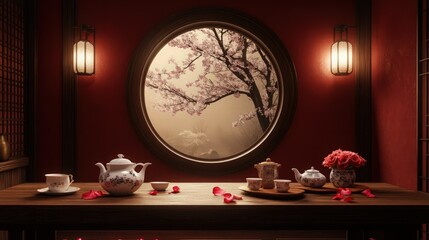 A tranquil interior with soft lighting and warm red walls, featuring a circular window framed in dark wood.