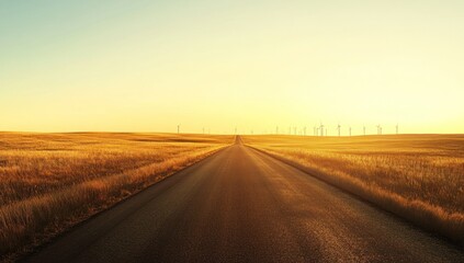 Fototapeta premium Asphalt road vanishing into a golden field at sunset with wind turbines in the distance.