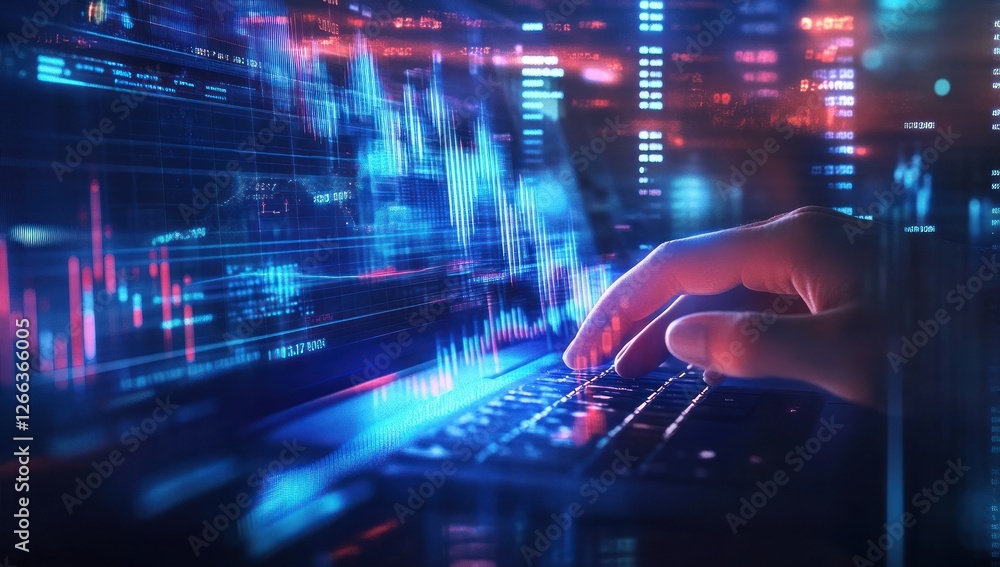 Aufkleber hand typing on laptop with dynamic stock market data displayed on screen.