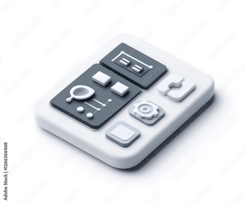 Poster 3d isometric illustration of a user interface with various icons representing settings, search, comm