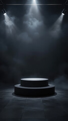 Podium black dark smoke background product platform abstract stage texture fog spotlight Dark black floor podium dramatic empty night room table concrete wall scene place display studio smoky