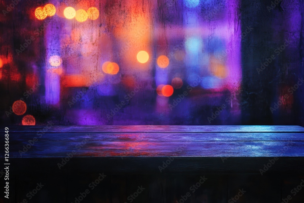 Wall mural Dark wooden table against blurred city lights at night.