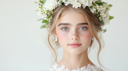 Girl floral crown portrait, white background, beauty