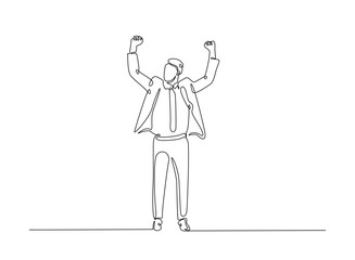 Successful businessman in continuous one line drawing. Businessman Lifting His Arms Up in one line draw. Editable vector.