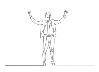 Successful businessman in continuous one line drawing. Businessman Lifting His Arms Up in one line draw. Editable vector.