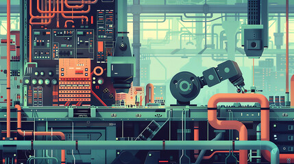 A loopable animation of an automatic pick and place machine assembling components onto a circuit board, with the background of a busy electronics manufacturing environment.

