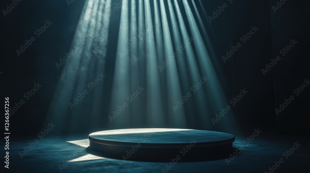 Poster dark stage with spotlight illuminating a circular platform, creating a dramatic and mysterious atmos