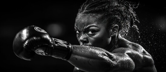 Powerful female boxer throwing a punch, monochrome image.