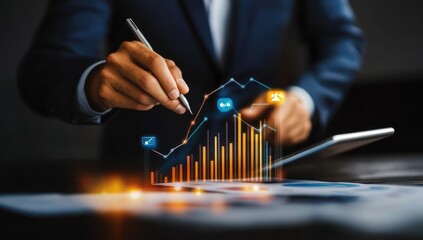 Businessman analyzing financial data on tablet, drawing upward trend graph.