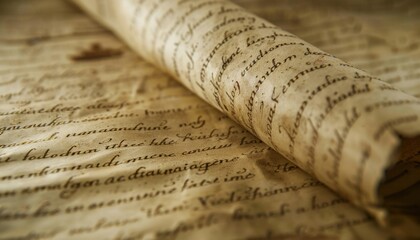 Aged scroll on surface reveals ancient writings, ideal for historical or fantasy themed designs