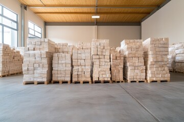 A warehouse with industrial shelving units fully stocked with uniformly stacked packages