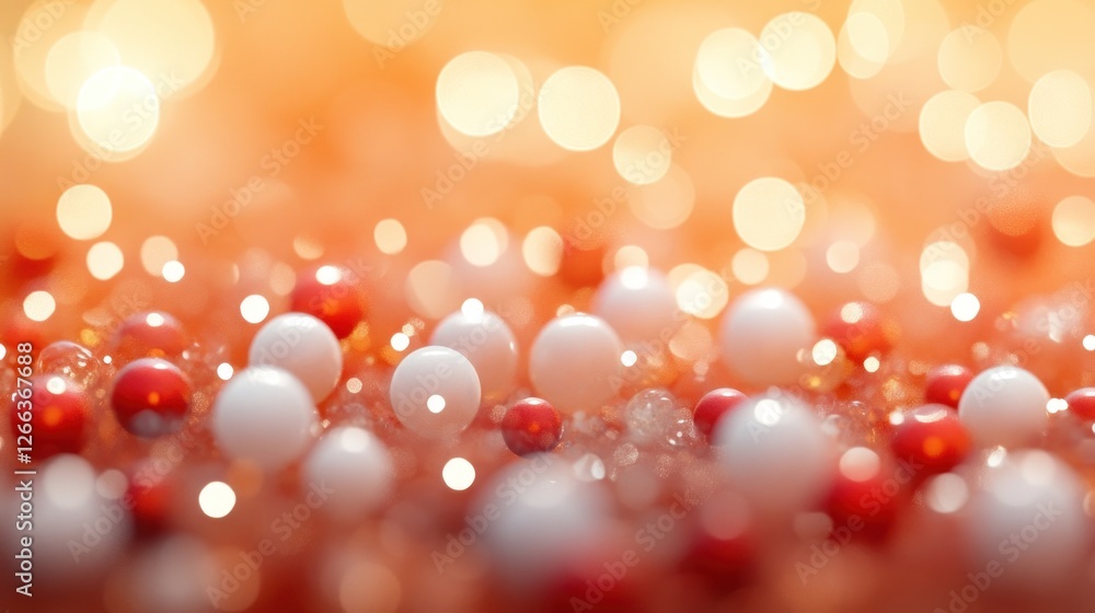 Poster abstract background with red and white spheres and bokeh lights.