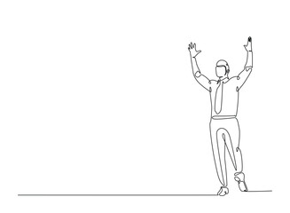 Successful businessman in continuous one line drawing. Businessman Lifting His Arms Up in one line draw. Editable vector.