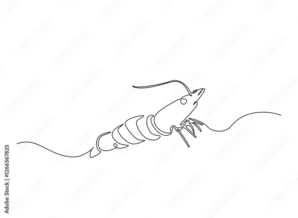 Poster shrimp illustration in continuous one line drawing. prawn in one line draw. editable vector.
