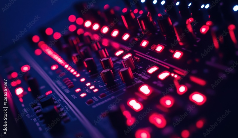 Aufkleber close-up of a music mixer console with illuminated buttons and knobs in red and blue light.