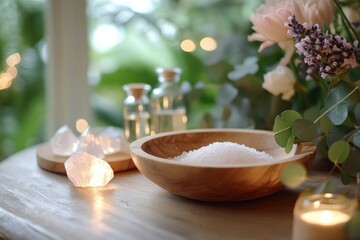 Wooden bowl of bath salts, essential oils, crystals, flowers, and candle on wooden table.