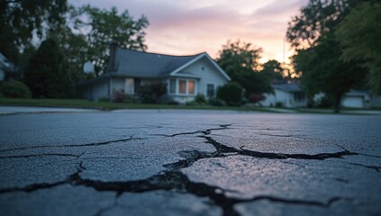 Cracked asphalt road in front of suburban home at sunset