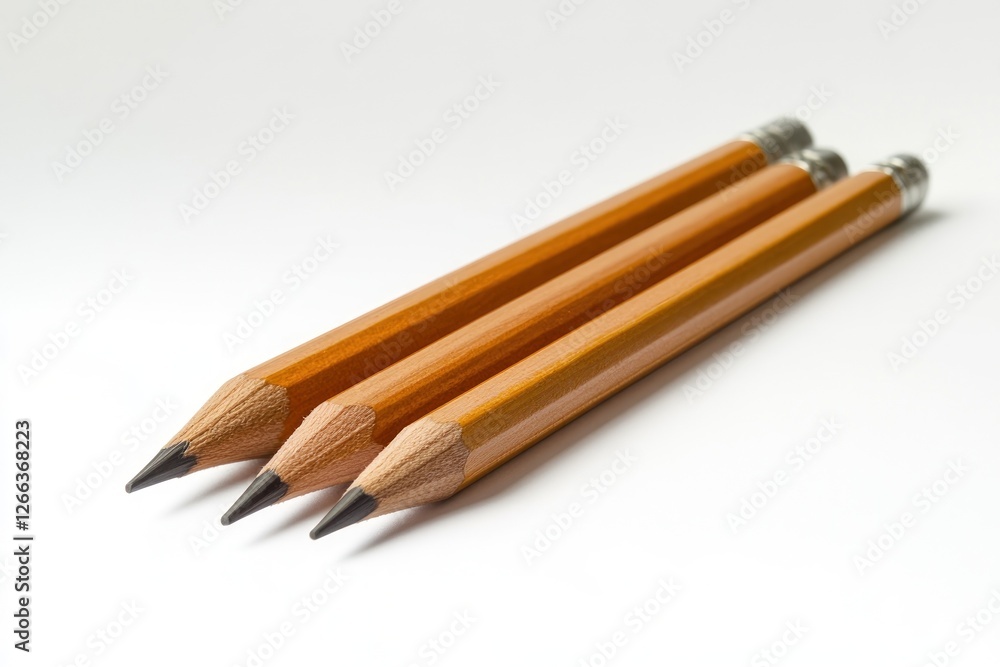 Poster three sharpened pencils arranged in a row on a white background.