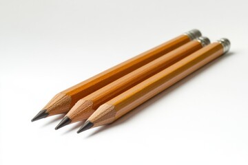 Three sharpened pencils arranged in a row on a white background.