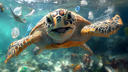 Fototapeta premium A turtle is swimming in the ocean with a plastic bottle in its mouth