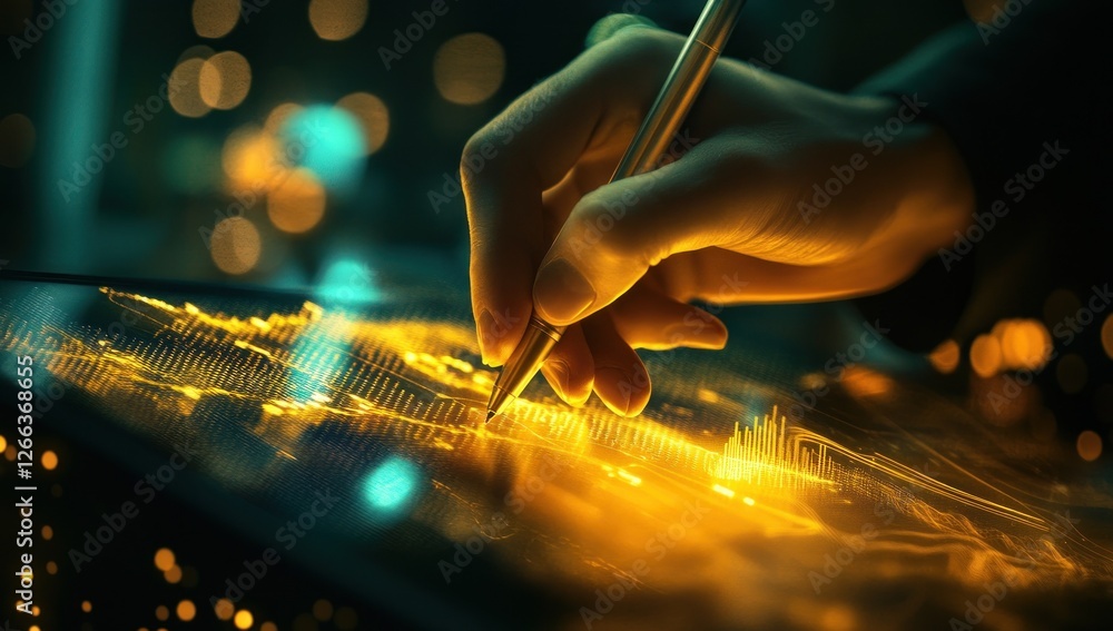 Poster hand using stylus on glowing tablet screen, digital data visualization.