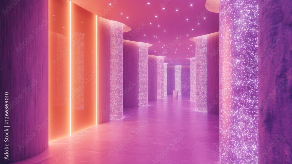 Poster vivid neon particles floating in a futuristic corridor, creating a mesmerizing abstract space with h
