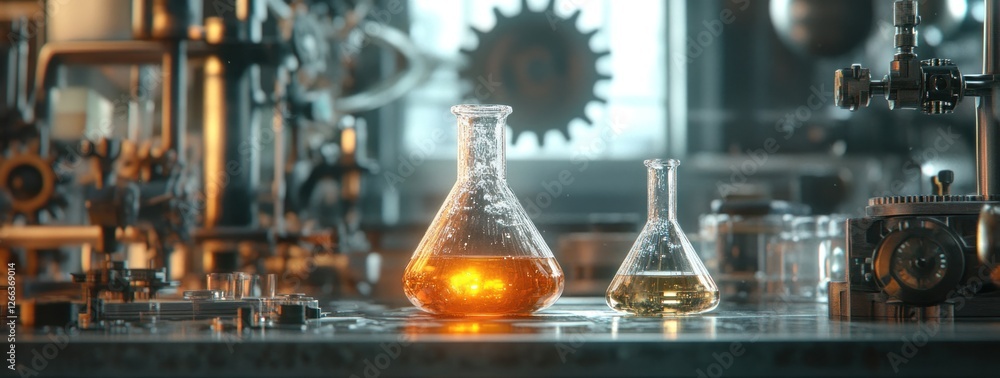 Poster two erlenmeyer flasks with glowing orange and yellow liquids sit on a lab bench in a steampunk-style