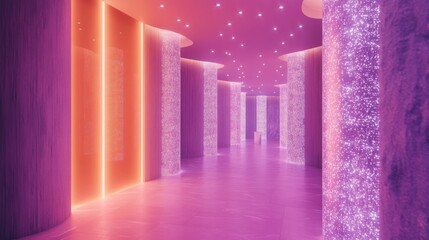 Vivid neon particles floating in a futuristic corridor, creating a mesmerizing abstract space with high-tech aesthetics.