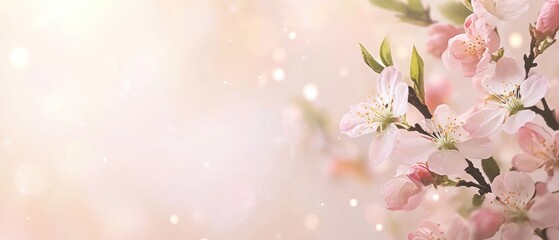 Delicate pink blossoms on a branch, soft light bokeh background.