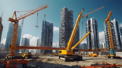 Futuristic smart city under construction, with AI-powered cranes, automated machinery, and engineers using augmented reality for structural planning.

