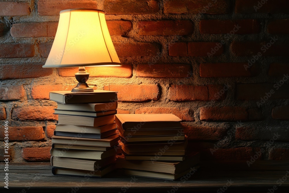 Poster cozy reading nook with warm lamp and stack of books on table