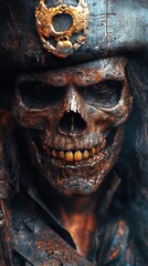 Detailed close-up of a pirate skull wearing a weathered hat, surrounded by a smoky, mysterious atmosphere