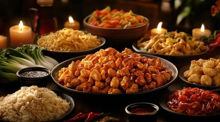 Obraz premium A delectable spread of Chinese cuisine, featuring sweet and sour chicken, noodles, rice, and various side dishes, illuminated by candlelight.