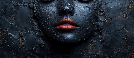 Close-up of a textured black face with bold red lips, set against a dark background