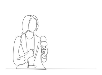 Beautiful lady reporter holding microphone illustration in continuous one line drawing. Journalist woman in one line draw. Editable vector.