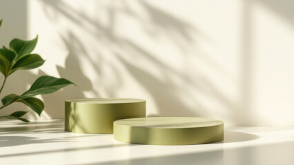 Two modern shiny olive green podium tray in sunlight on cream white wall and abstract round plate for luxury organic cosmetic skincare body care beauty product background 3D