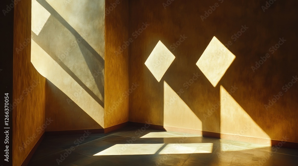 Poster sunlight streams through a window casting diamond-shaped shadows on a textured ochre wall and floor 