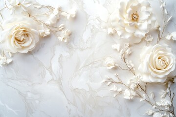 Elegant white roses and branches arranged on a marble background.